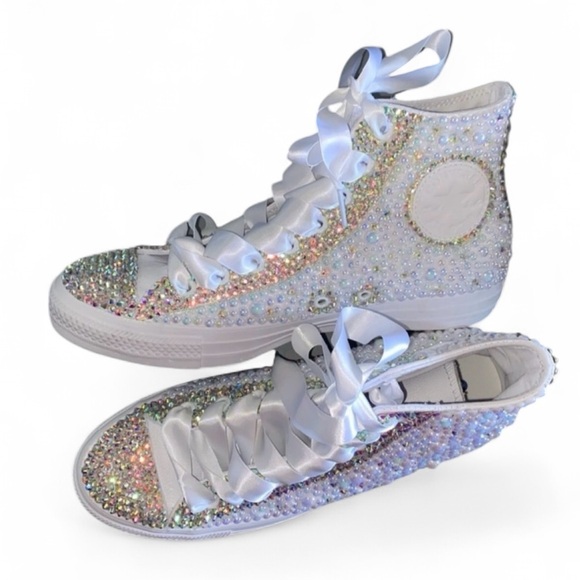 Crystal AB Diamonds & Pearls High Top Converse Sizes 5-14 New With Ribbon Laces - Picture 1 of 14